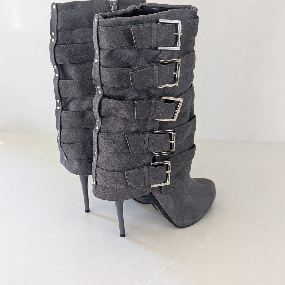 Michael Antonio Charcoal Heeled Boots with Buckle Accents - Picture 3 of 8